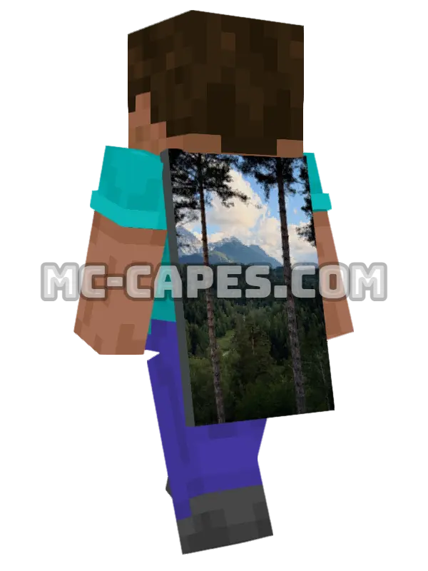 Alpine Forest Minecraft cape worn on a player, seen from behind