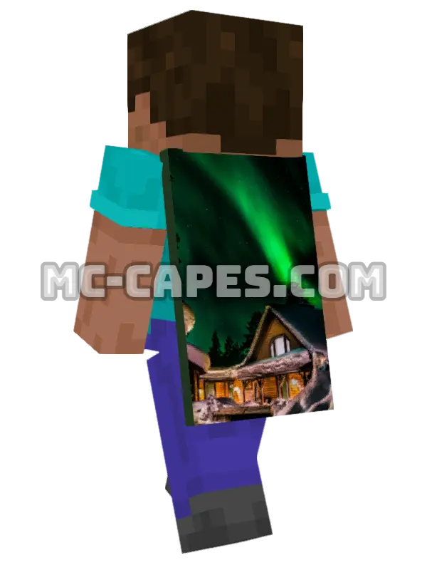 Aurora Over Forest Minecraft cape worn on a player, seen from behind