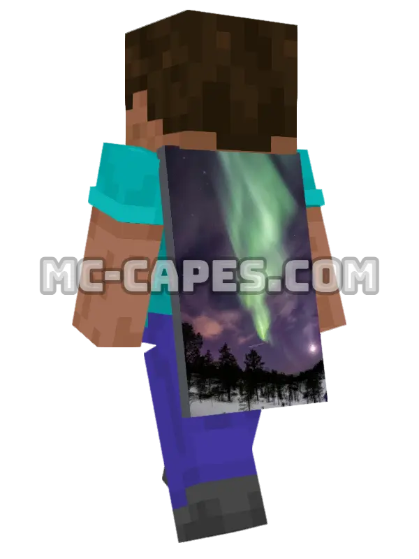 Aurora Over Snow Minecraft cape worn on a player, seen from behind