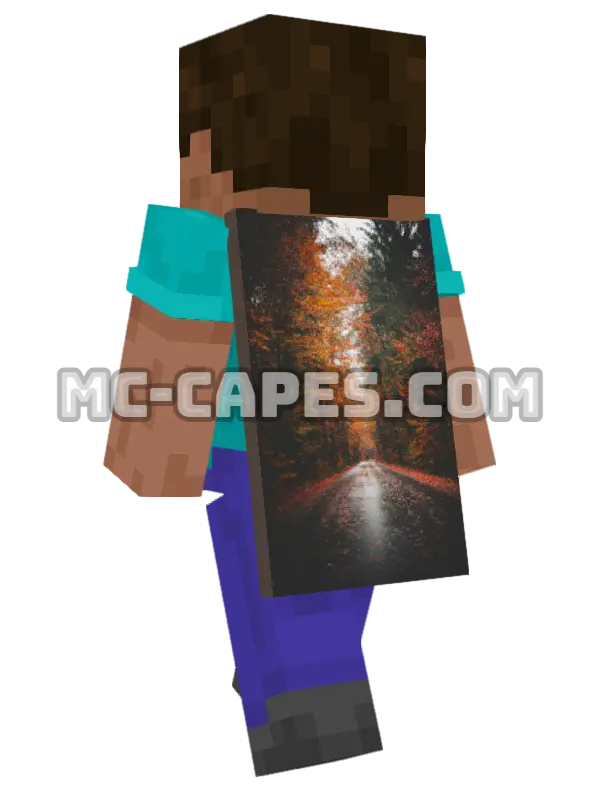 Autumn Forest Road Minecraft cape worn on a player, seen from behind