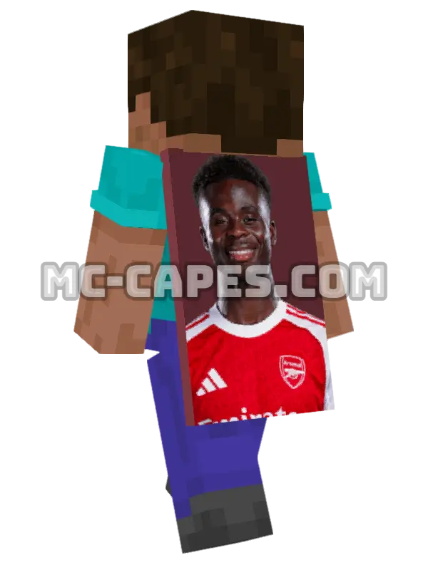 Bukayo Saka Minecraft cape worn on a player, seen from behind