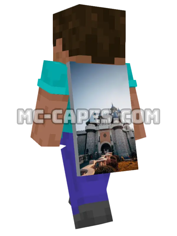 Castle Blue Turrets Minecraft cape worn on a player, seen from behind