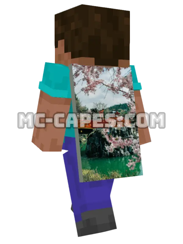 Cherry Blossom Bridge Minecraft cape worn on a player, seen from behind