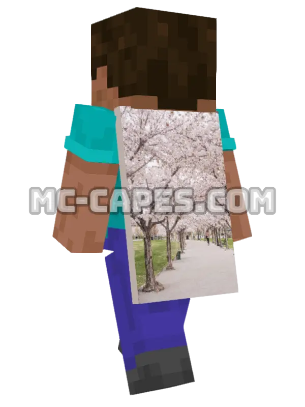 Cherry Blossom Walk Minecraft cape worn on a player, seen from behind
