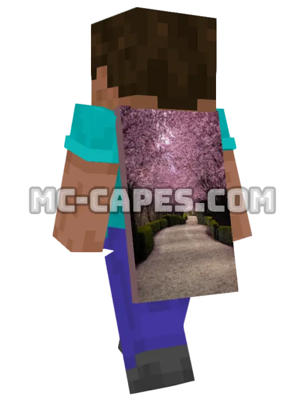 Cherry Blossom Walkway Minecraft cape worn on a player, seen from behind