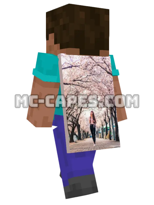 Cherry Blossoms Minecraft cape worn on a player, seen from behind