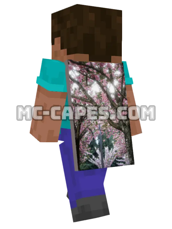 Cherry Blossoms Minecraft cape worn on a player, seen from behind
