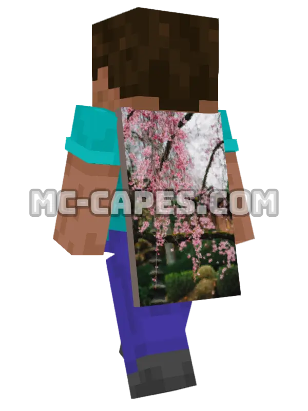 Cherry Blossoms Minecraft cape worn on a player, seen from behind