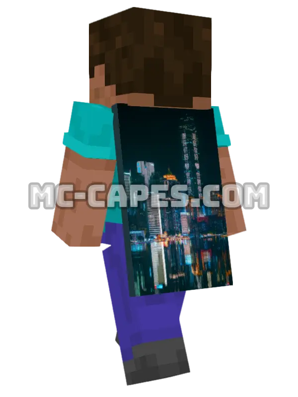 Chongqing Skyline Minecraft cape worn on a player, seen from behind