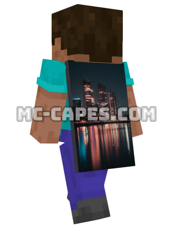 City Skyline Night Minecraft cape worn on a player, seen from behind