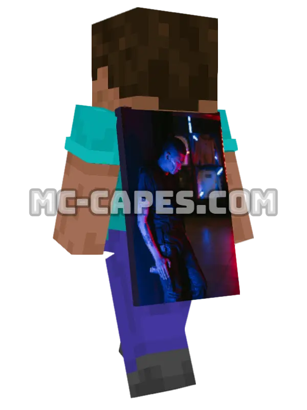 Cyberpunk Man Minecraft cape worn on a player, seen from behind