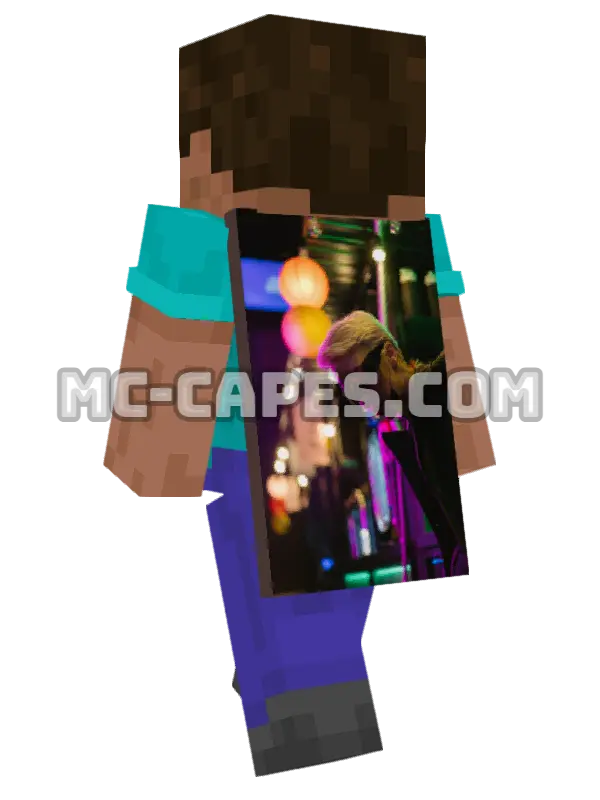 Cyberpunk Woman Neon Minecraft cape worn on a player, seen from behind