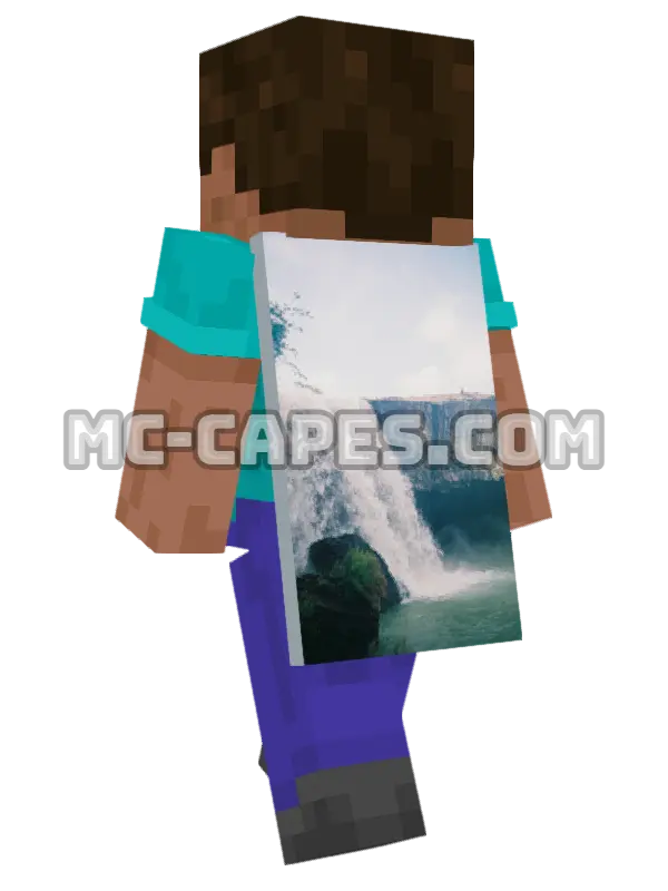 Dray Nur Waterfalls Minecraft cape worn on a player, seen from behind