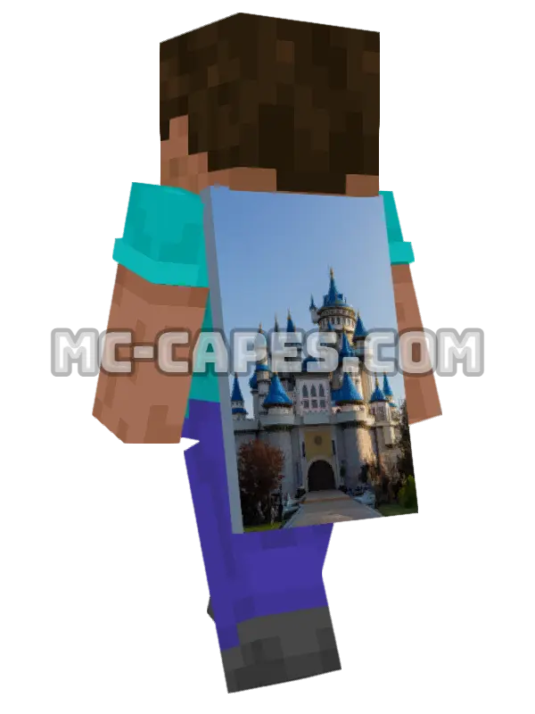 Fairy Tale Castle Minecraft cape worn on a player, seen from behind