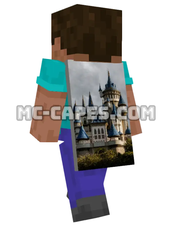 Fairytale Castle Minecraft cape worn on a player, seen from behind