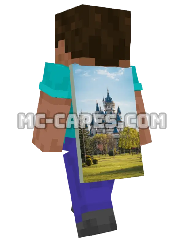 Fairytale Castle Park Minecraft cape worn on a player, seen from behind