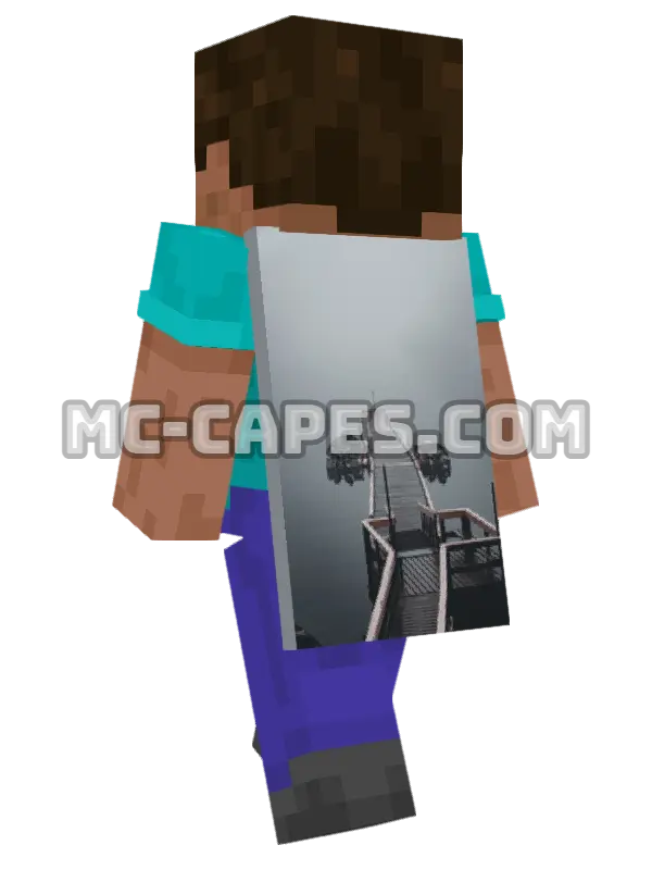 Foggy Lake Pier Minecraft cape worn on a player, seen from behind