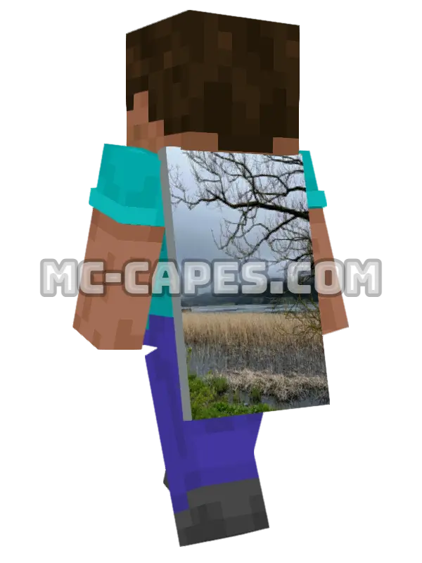 Foggy Lake Reeds Minecraft cape worn on a player, seen from behind
