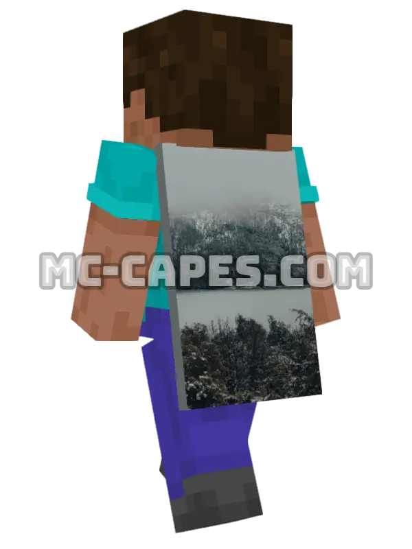 Foggy Mountain Lake Minecraft cape worn on a player, seen from behind