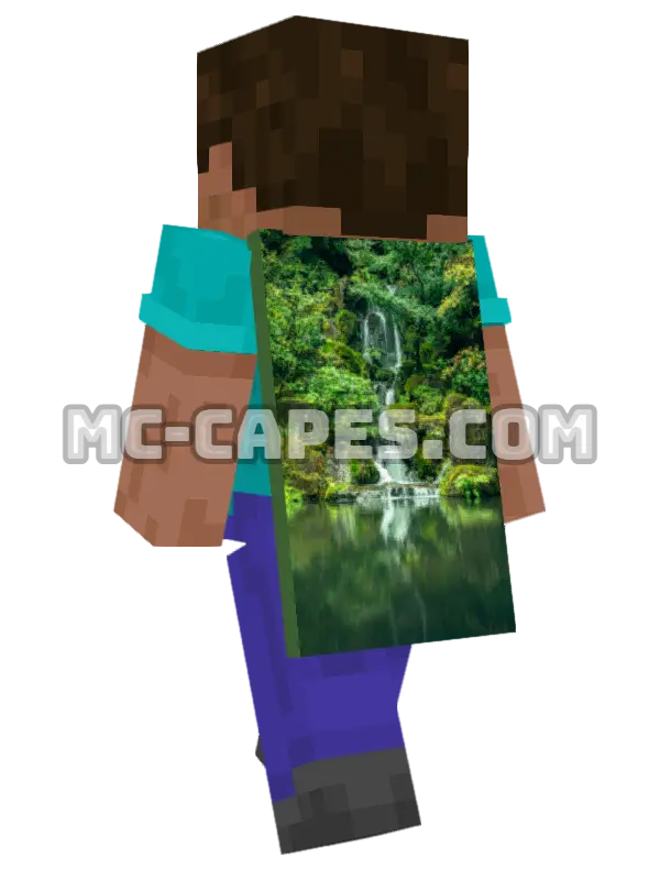 Forest Waterfall Minecraft cape worn on a player, seen from behind