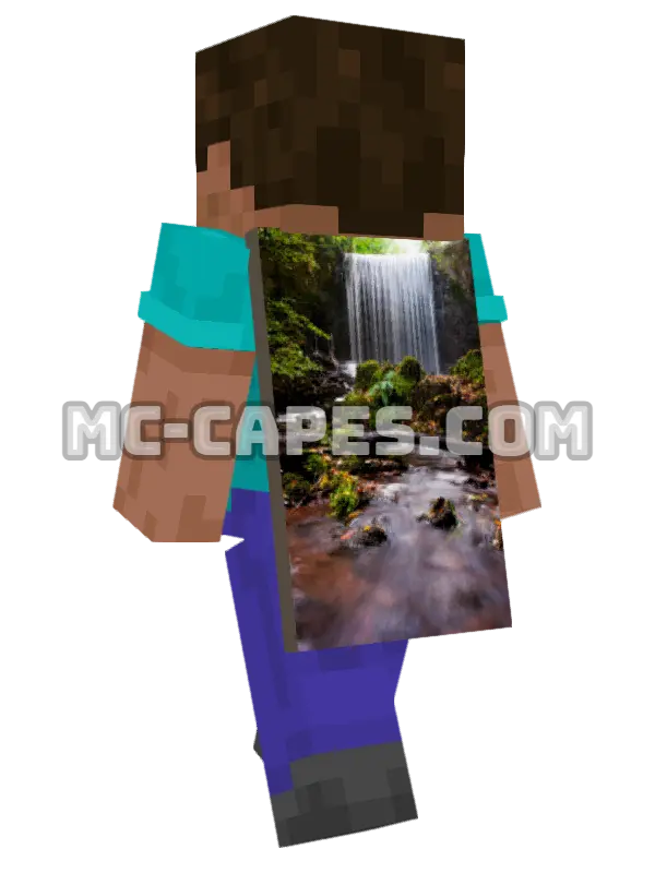 Forest Waterfall Minecraft cape worn on a player, seen from behind