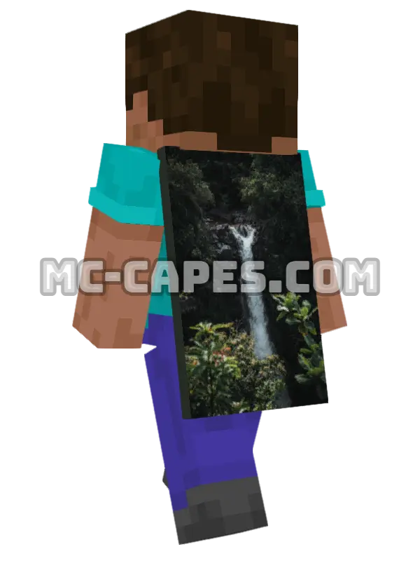 Forest Waterfall Minecraft cape worn on a player, seen from behind