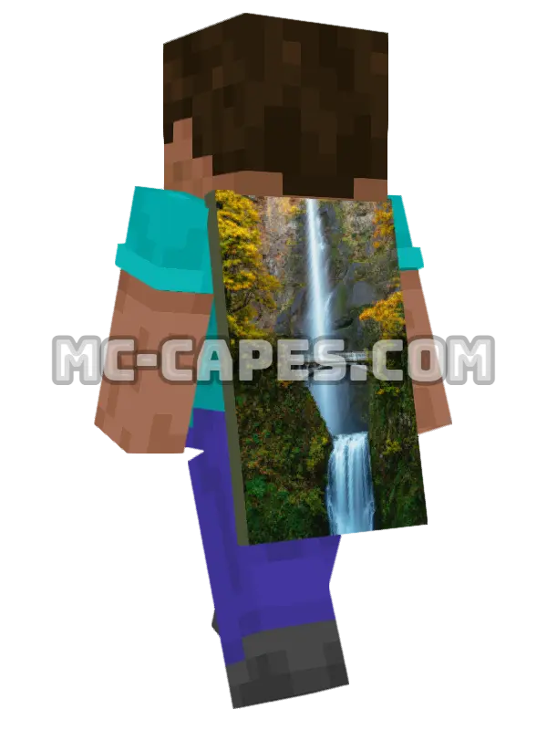 Forest Waterfall Minecraft cape worn on a player, seen from behind