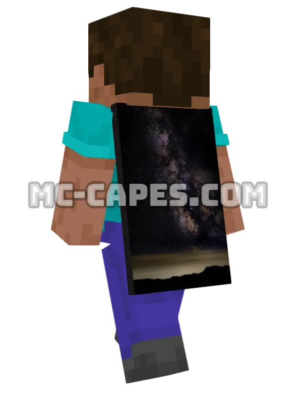 Galaxy Over Mountains Minecraft cape worn on a player, seen from behind