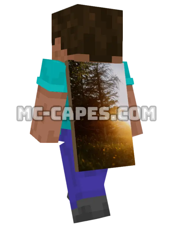 Golden Hour Tree Minecraft cape worn on a player, seen from behind