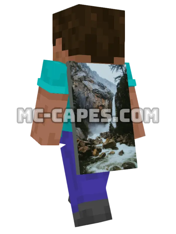 Granite Cliff Waterfall Minecraft cape worn on a player, seen from behind