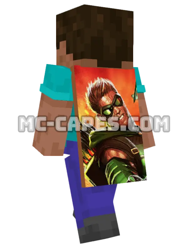 Green Arrow Minecraft cape worn on a player, seen from behind