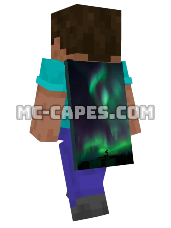 Green Purple Aurora Minecraft cape worn on a player, seen from behind