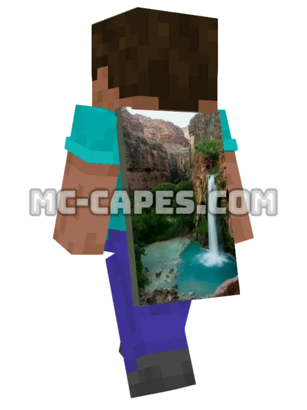 Green Waterfalls Minecraft cape worn on a player, seen from behind