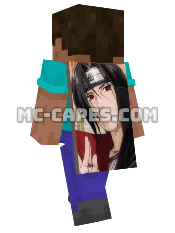 Itachi Uchiha Minecraft cape worn on a player, seen from behind