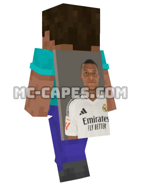 Kylian Mbappe Minecraft cape worn on a player, seen from behind
