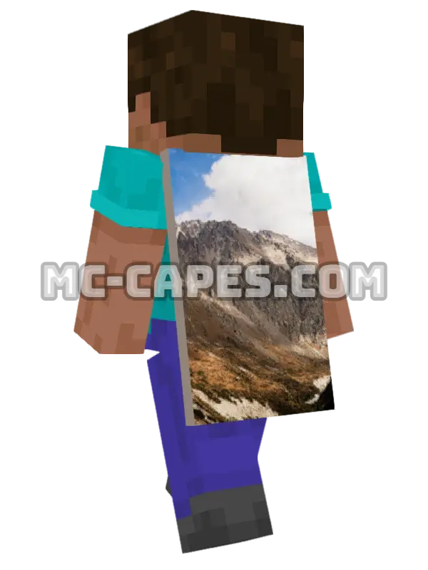 Kyrgyzstan Mountains Minecraft cape worn on a player, seen from behind