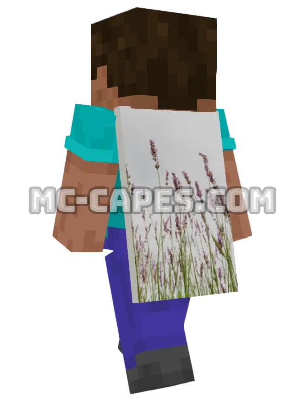 Lavender Field Minecraft cape worn on a player, seen from behind