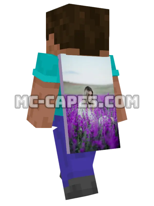 Lavender Field Minecraft cape worn on a player, seen from behind
