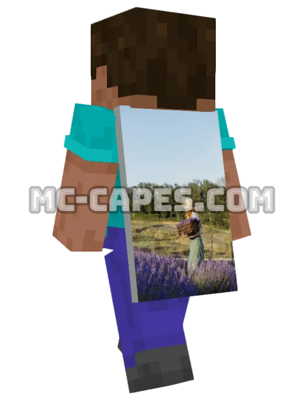 Lavender Field Basket Minecraft cape worn on a player, seen from behind