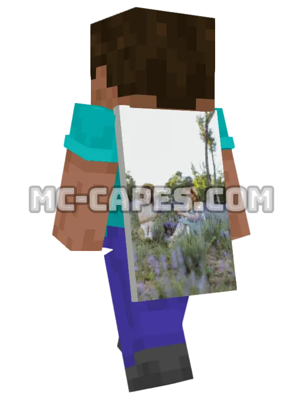Lavender Field Minecraft cape worn on a player, seen from behind