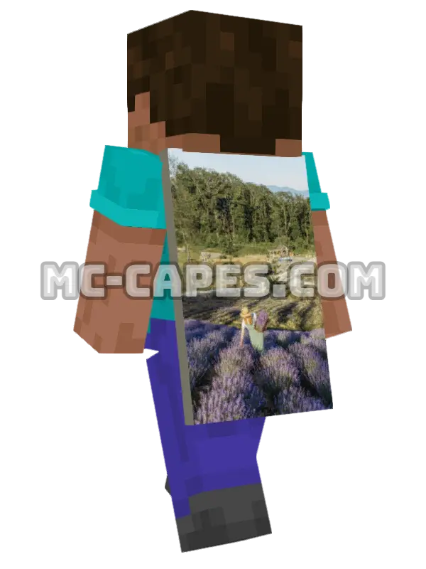 Lavender Field Woman Minecraft cape worn on a player, seen from behind