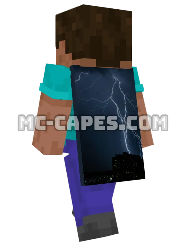 Lightning Over City Minecraft cape worn on a player, seen from behind