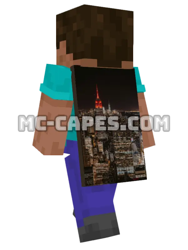 Manhattan Skyline Minecraft cape worn on a player, seen from behind