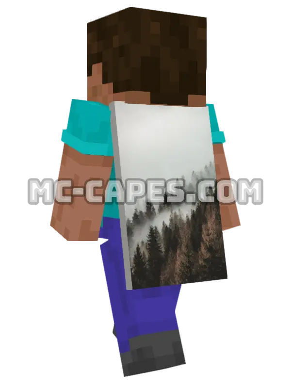 Misty Evergreen Forest Minecraft cape worn on a player, seen from behind
