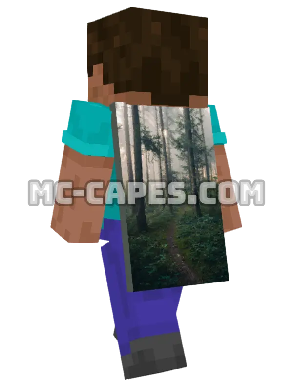Misty Forest Path Minecraft cape worn on a player, seen from behind