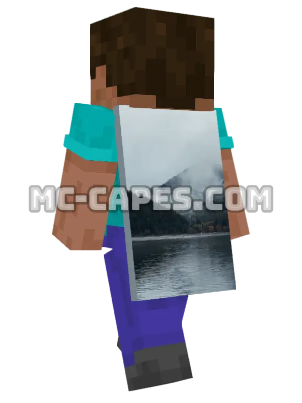 Misty Mountain Lake Minecraft cape worn on a player, seen from behind