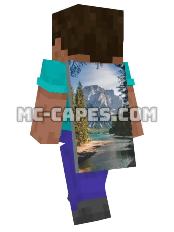 Mountain Lake Minecraft cape worn on a player, seen from behind