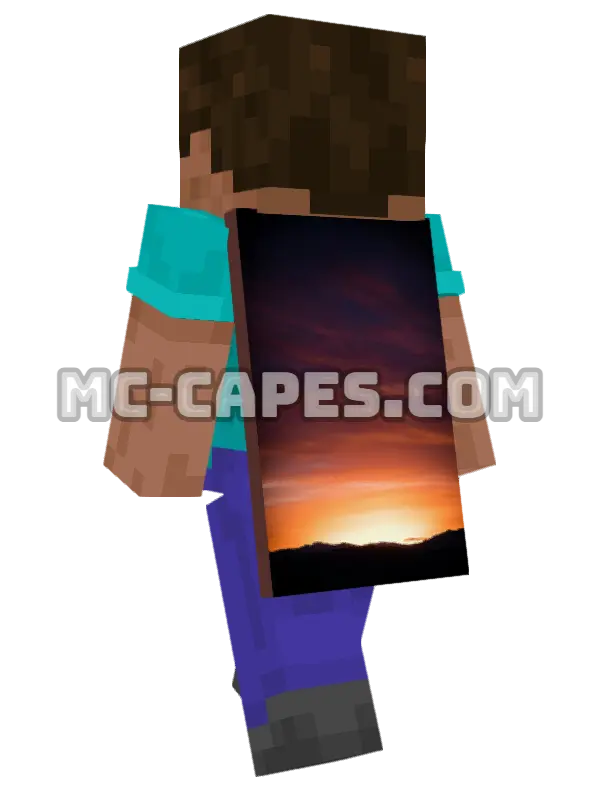 Mountain Sunset Minecraft cape worn on a player, seen from behind