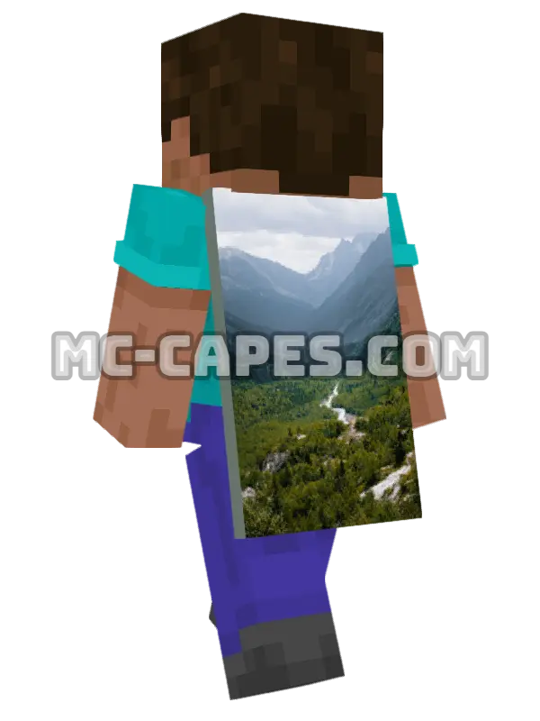 Mountain Valley River Minecraft cape worn on a player, seen from behind