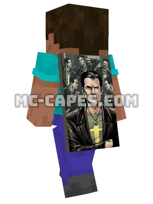 Multiple Man Minecraft cape worn on a player, seen from behind